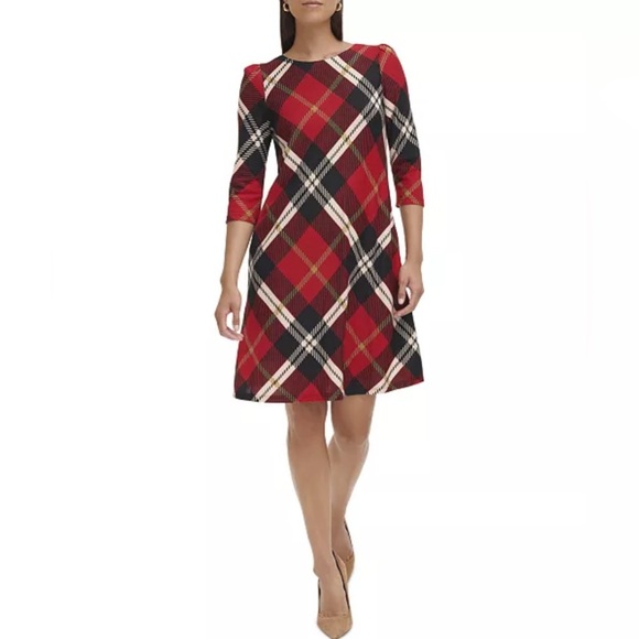 🌹NWT: JH-JESSICA HOWARD SHIRRED 3/4 SLEEVES TRAPEZE DRESS - Picture 1 of 10